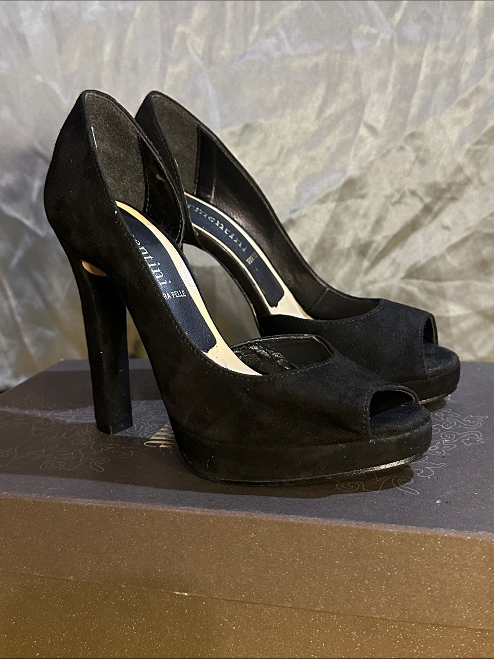 Black Suede Peep-Toe Pumps